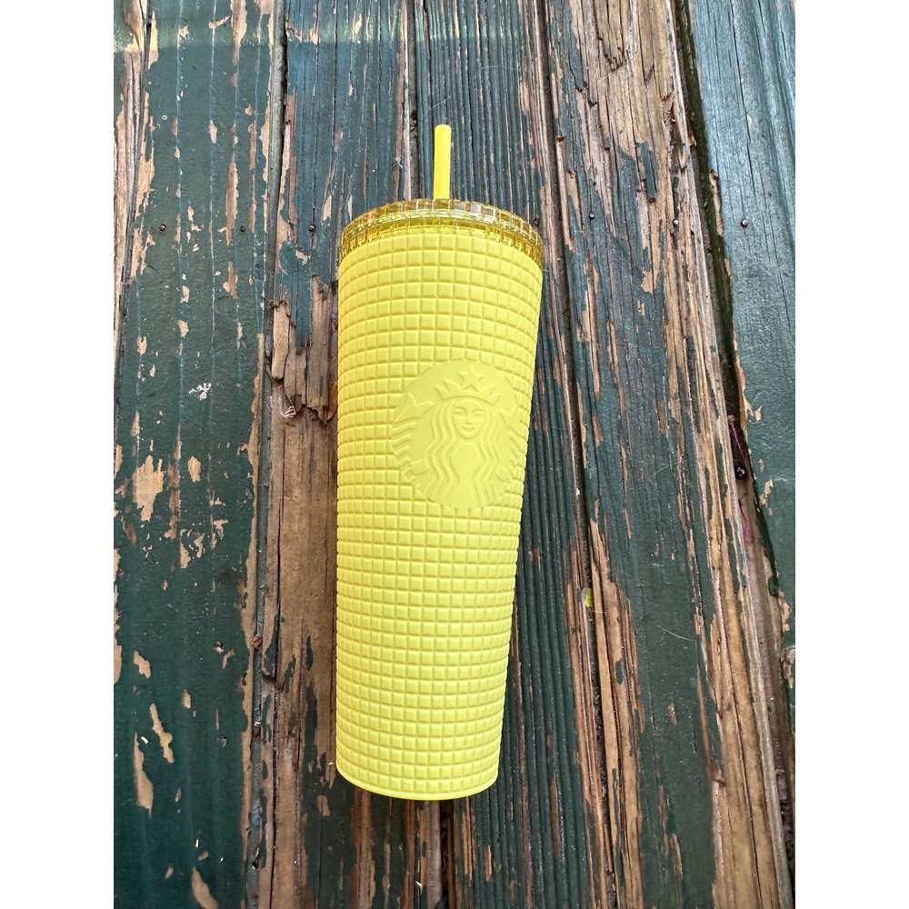 Starbucks Neon Yellow Grid Soft Touch Venti Cold Cup Tumbler 24oz 011140458